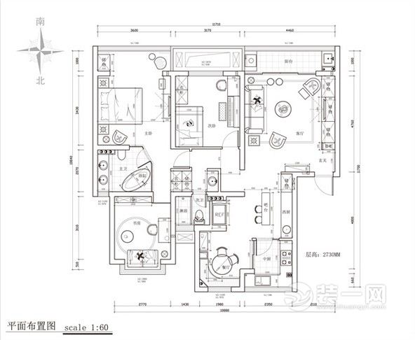 太原装饰公司136平北欧风格三房两厅规划后户型图