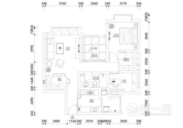 75平米 三室两厅 平面效果图