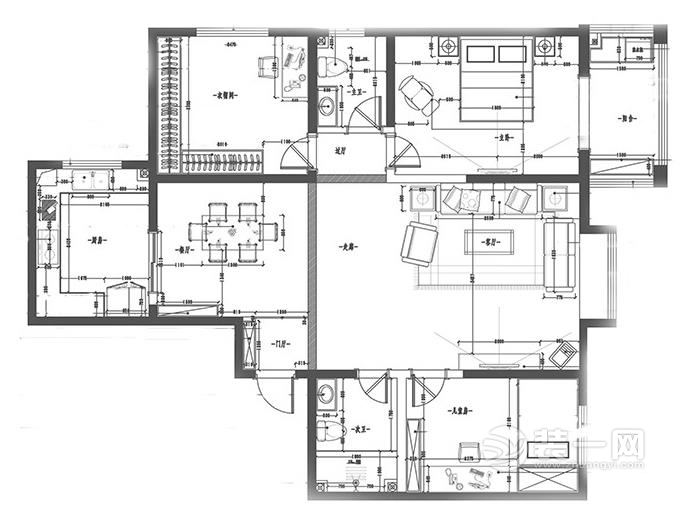 138平米现代简约三居室装修户型图设计