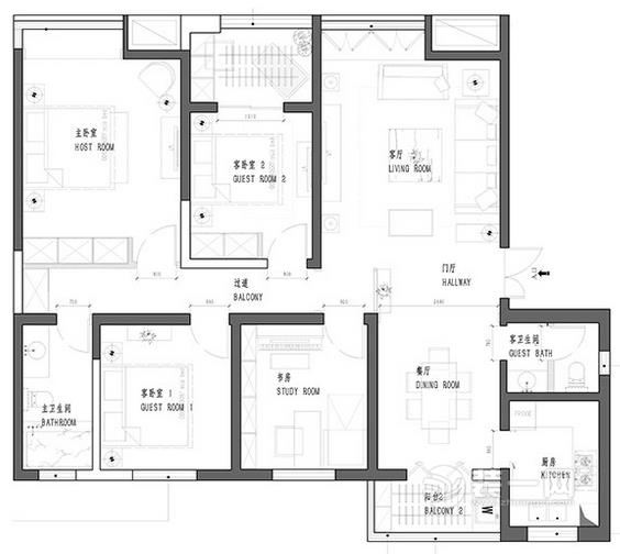 155平米三居室中式装修户型图设计
