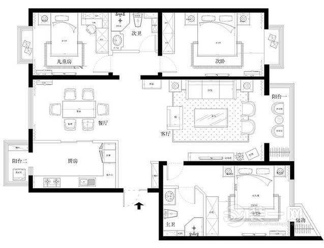 160平米欧式三居室装修设计户型图