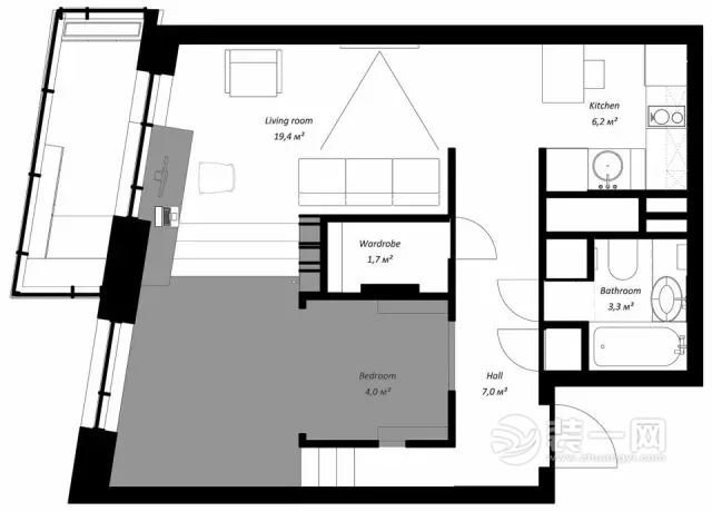 47平米工业风格单身公寓装修平面图