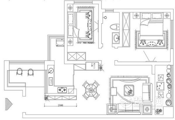 88平米兩室一廳小戶型現代簡約風格裝修戶型圖