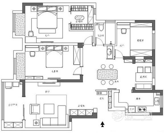 130平米三室两厅现代中式风格装修户型图
