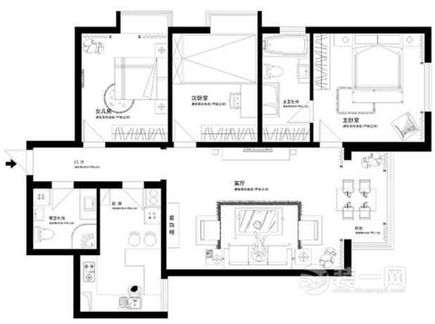 120平米三居室新中式风格装修户型图