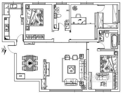 160平米三室两厅中式装修户型图