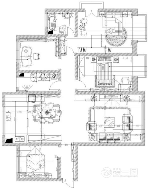 180平米现代简约三室两厅装修户型图