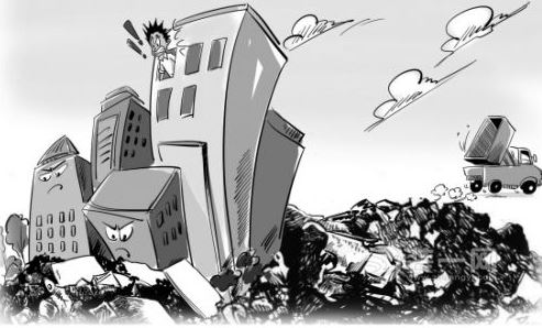 乱扔建筑垃圾现象漫画