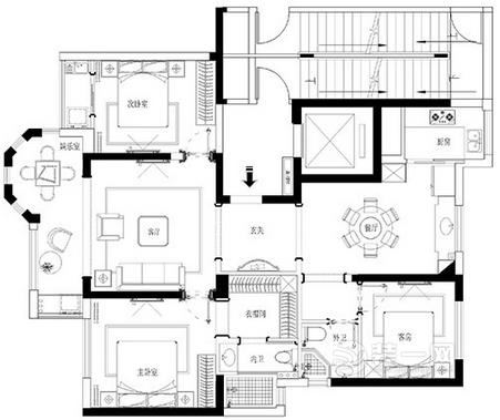 130平米三室两厅欧式新古典设计方案户型图