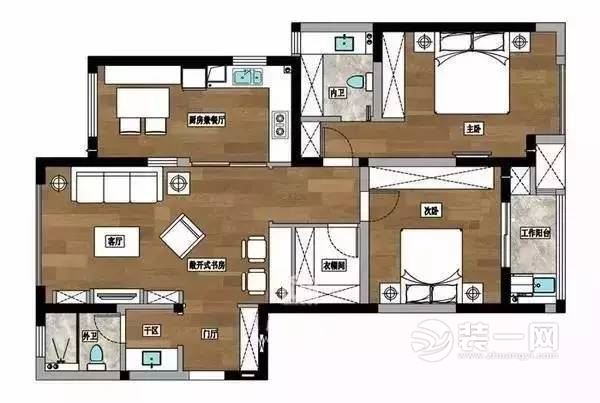 117平米绿色家居两居室平面户型图