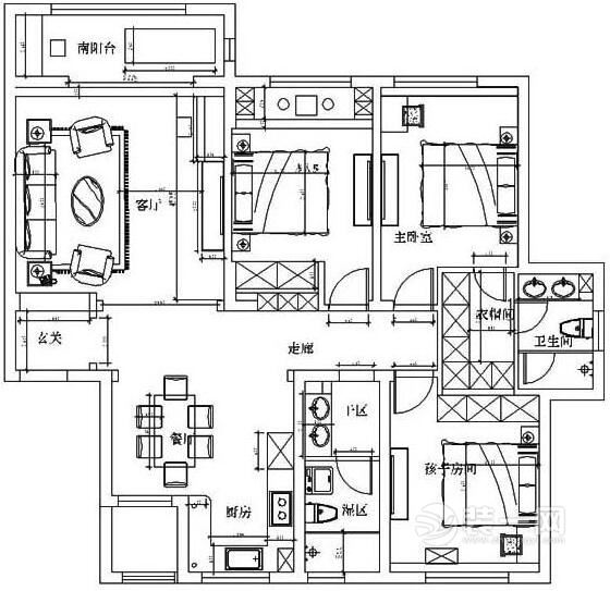 150平米三居室户型图