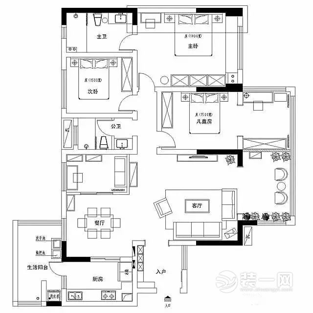 120平米清新北欧风格三居室装修效果图