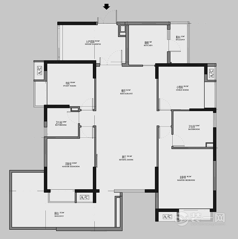 170平米现代简约风格三居室平面设计户型图