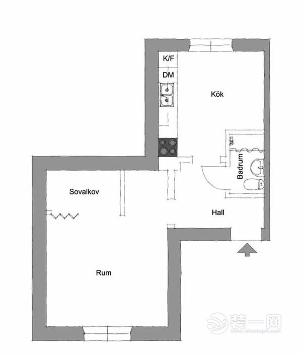 36平米一居室Z形公寓装修设计平面户型图