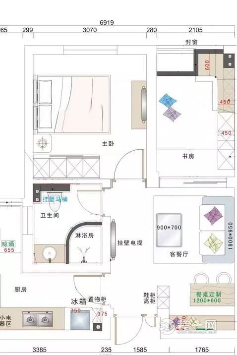 54平米两室两厅一厨一卫小户型平面户型图