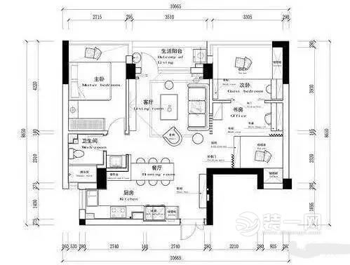 88平现代三室两厅装修设计平面布置图