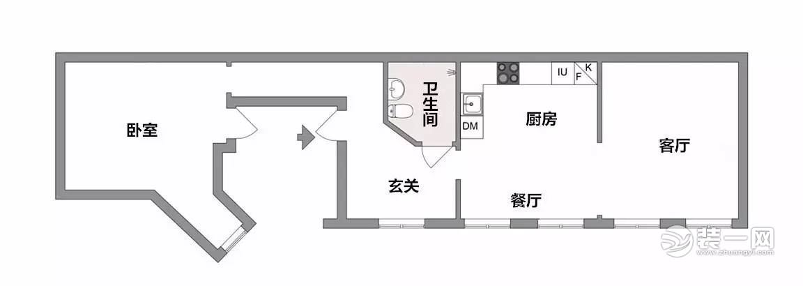 60平米白色北欧风格一室一厅平面户型图