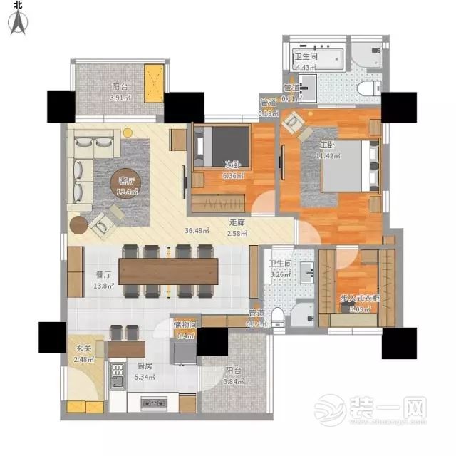 116平米2房2厅1厨2卫2阳台设计效果图