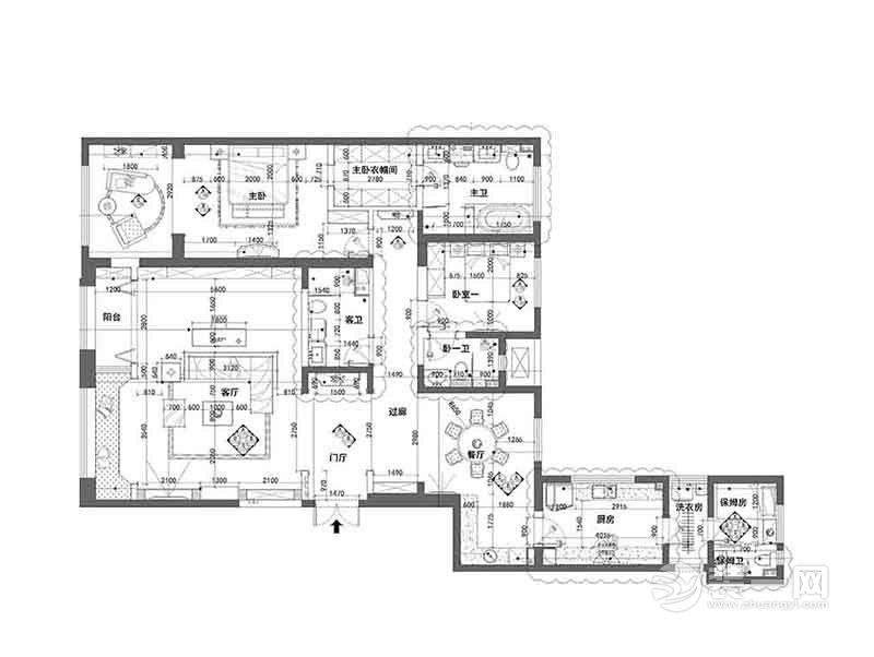 280平米美式风格三居室平面设计户型图