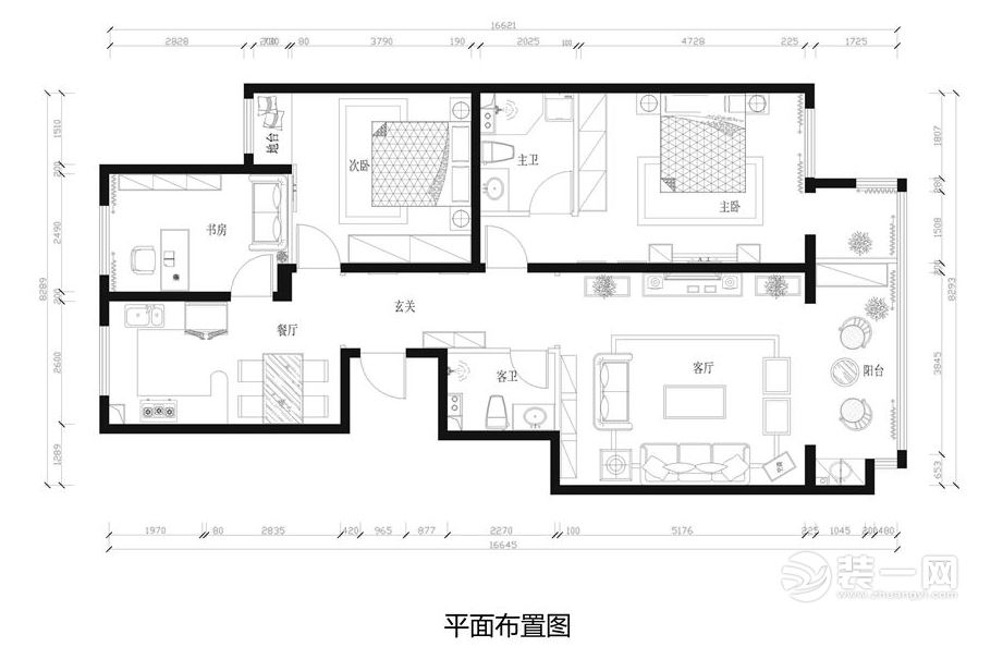 简约北欧风格三室两厅一厨两卫142平米平面布局图