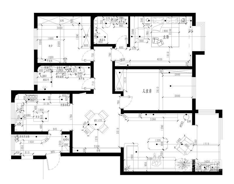 138平米现代简约风格三居室平面户型图