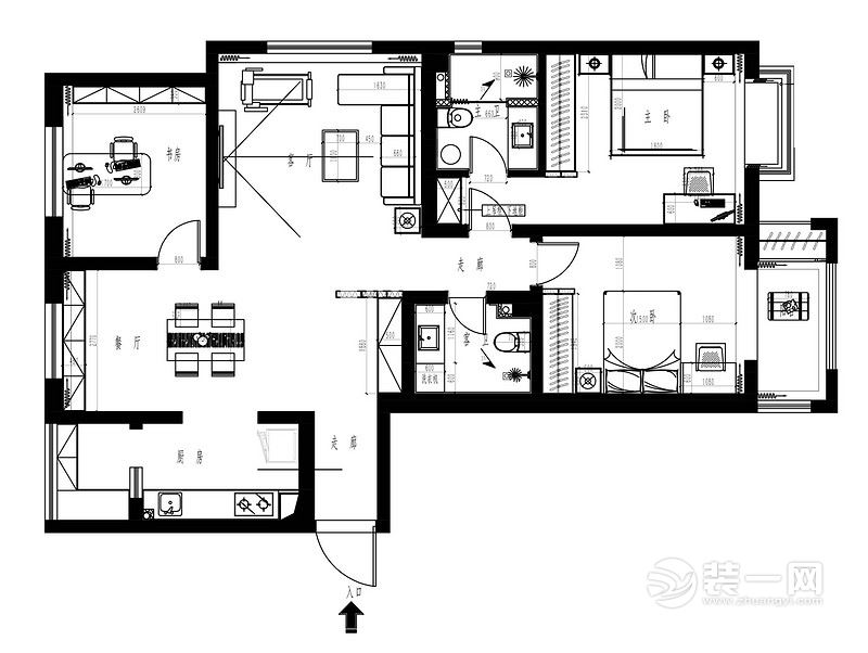145平米现代简约风格三居室平面户型图