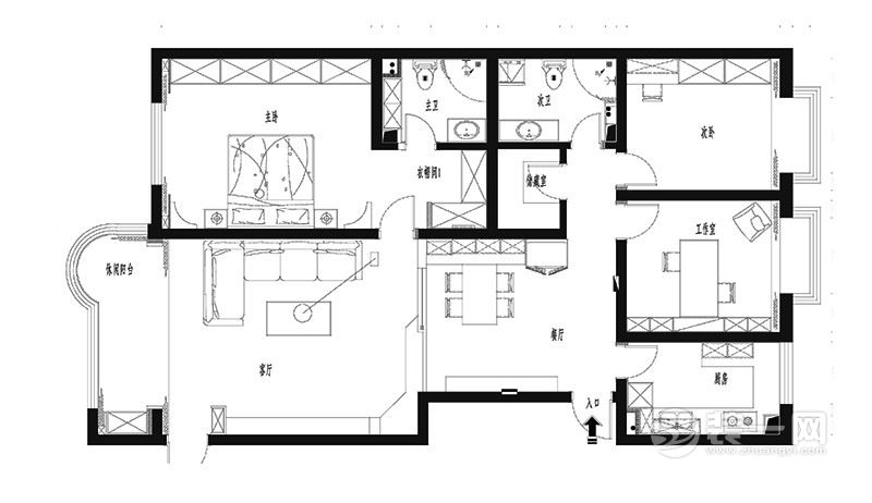 166平米现代简约风格三居室平面设计户型图
