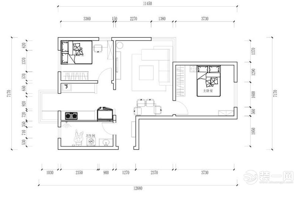 80平米二居室简约风格装修平面布局图