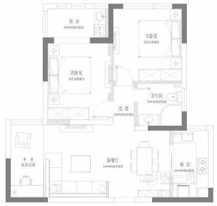 97平米现代简约两室一厅一卫一厨平面户型图