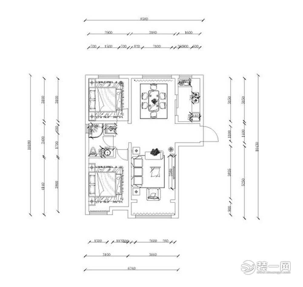 庄重与优雅并存 天津夏洛兹花园95平米中式装修案例平面布局图