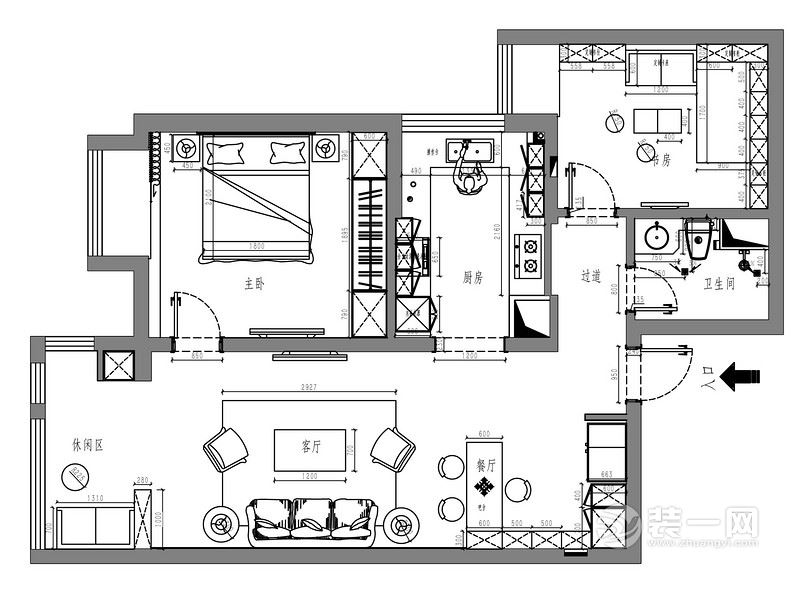 103平米现代简约风格一居室设计平面户型图