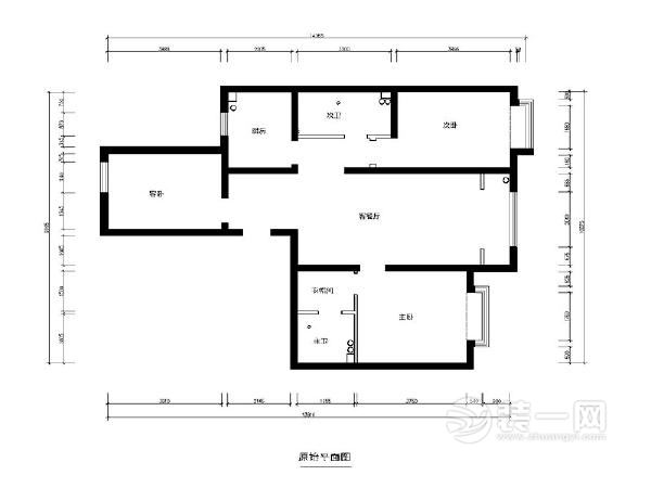 118平中式三居室装修设计原始户型图