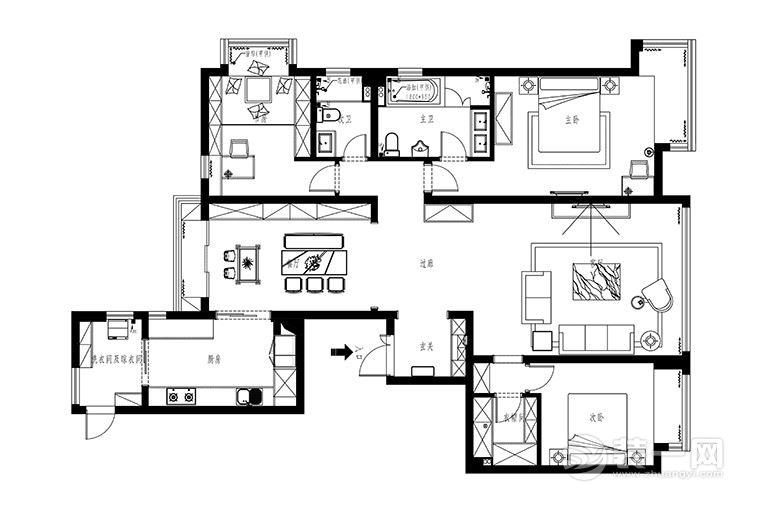 210平米现代简约风格三居室设计案例户型图