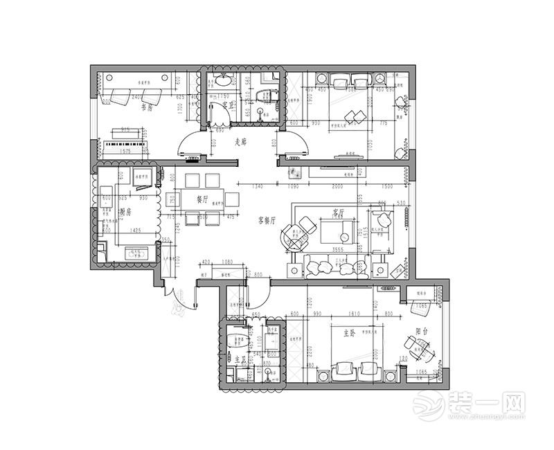145平米北欧风格三居室设计案例户型图