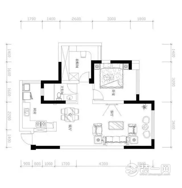 62平米欧式风格一居室设计案例户型图