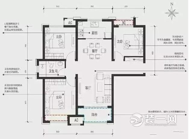 138平三室两厅现代装修风格案例平面图