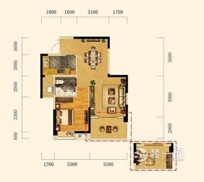 武汉卧龙墨水湖边70平一居室户型图——用虚线框出来的是改造的儿童房