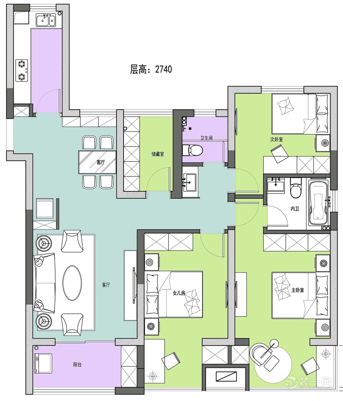 南京金地湖城艺境118平米现代北欧风格三室两厅装修设计户型图