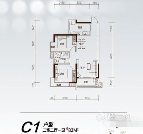 武汉光谷坐标城C1户型83平米两室两厅户型图