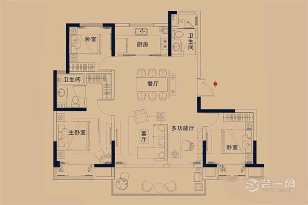 苏州吴越锦源128平米中式风格三居室平面户型图
