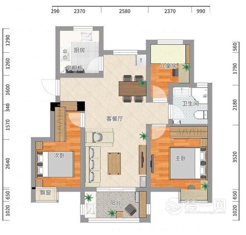 83平米小三房户型图