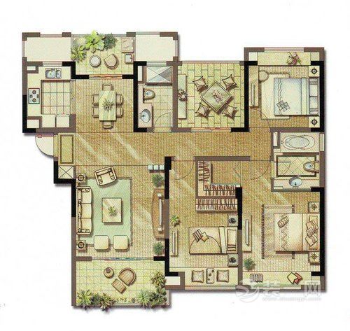 苏州绿地华尔道名邸140平欧式三居室平面户型图