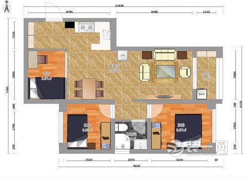 南京华润幸福里89平米现代简约三居装修设计案例户型图