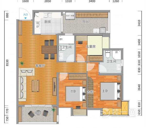 116平米三居室现代简约风格装修户型图