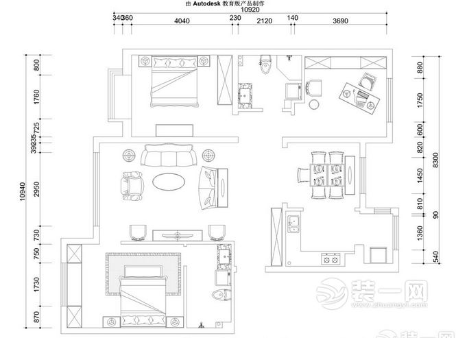 103平米欧式风格二居室装修效果图