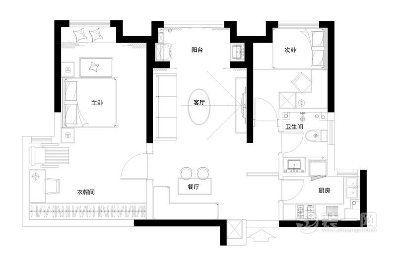 89平简美风格两居室装修案例