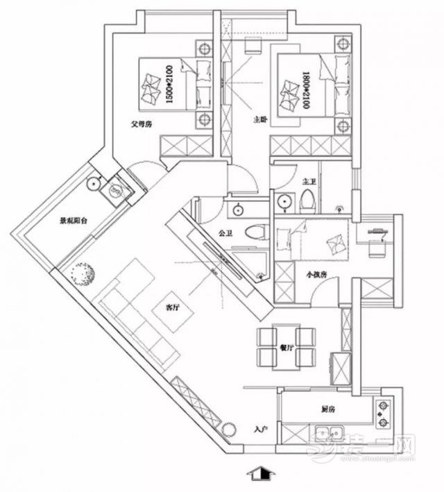 96平美式三居案例户型图