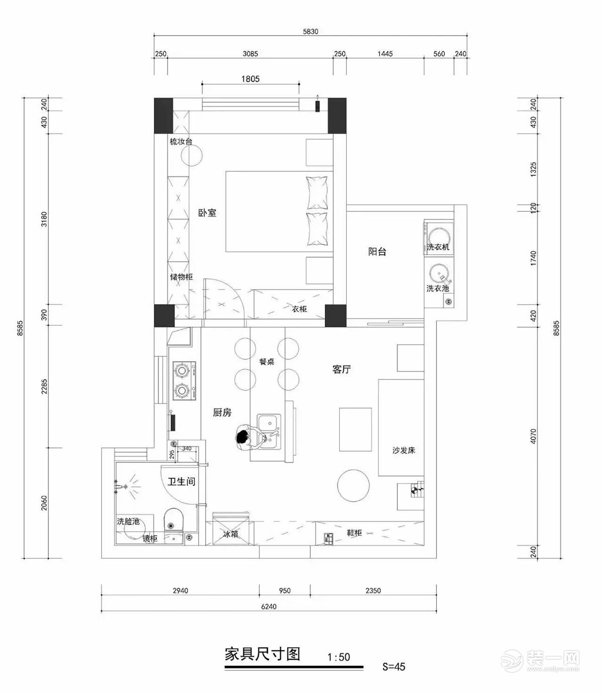 32平米小户型房子家具尺寸户型图