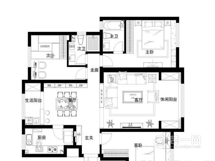 142平米三居室简约风格装修效果图