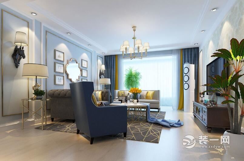 160平三居室现代美式客厅装修效果图